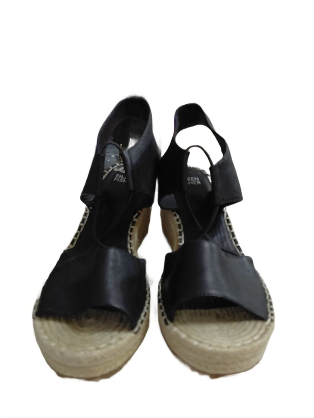 Eileen Fisher Black Leather Espadrille Wedge Sandals Size 10